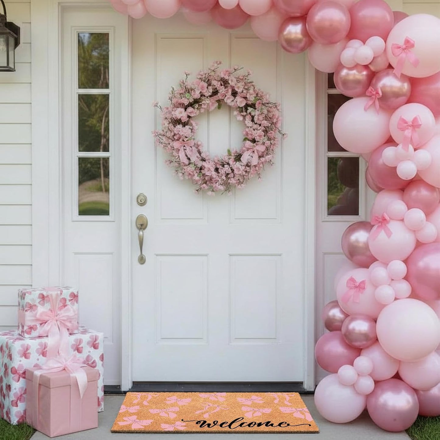 Blosssound Pink Bow Nature Coir Doormat 17x29 Inch Bow Welcome Rugs Spring Coir Kitchen Mats Decorative Front Porch Rug Non Slip Entrance Door Mat for Spring Home Decoration Supplies