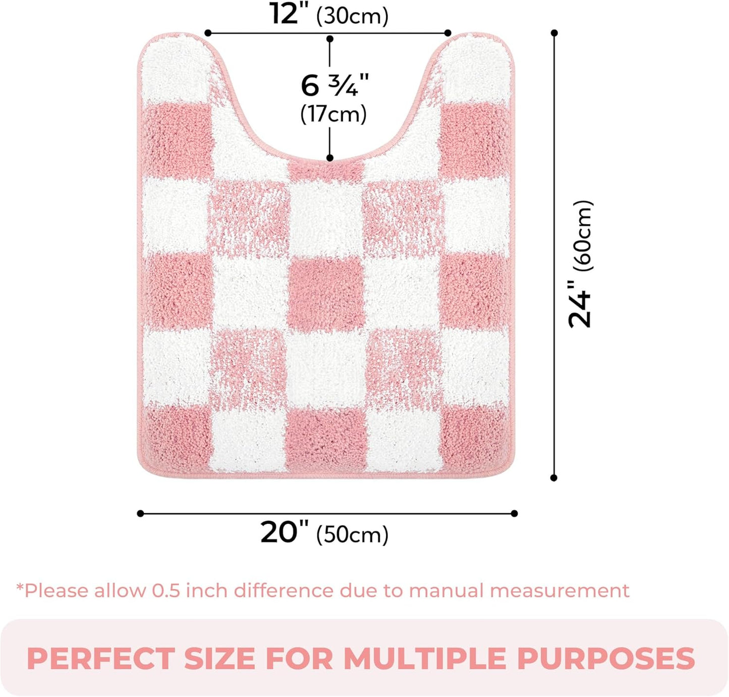 GRANNY SAYS Toilet Rugs U Shaped Washable Non Slip, Toilet Mats for Bathroom Soft Plush Shaggy Absorbent, Microfiber Bath Mats for Bathroom Toilets Cute Decor, 20" x 24", Checkered Pink