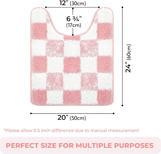 GRANNY SAYS Toilet Rugs U Shaped Washable Non Slip, Toilet Mats for Bathroom Soft Plush Shaggy Absorbent, Microfiber Bath Mats for Bathroom Toilets Cute Decor, 20" x 24", Checkered Pink