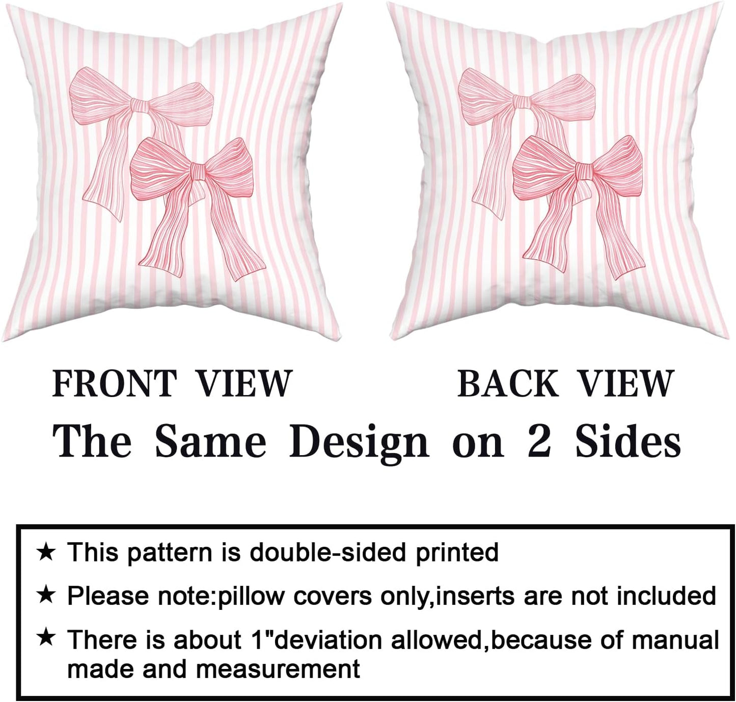 Giwawa Pink Bow Pillow Covers 18x18 Inch Set of 2 Pink and White Striped Pillowcase for Home Preppy Room Bedroom Sofa Decor, Double Sided Pattern