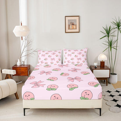Erosebridal Bowknot Fitted Sheet Full Size Peach Bed Sheets Cute Cartoon Peaches Kawaii Pink Bow Bedding Set for Kids Boys Girls Fruit Princess Ribbon Bowtie Sheets