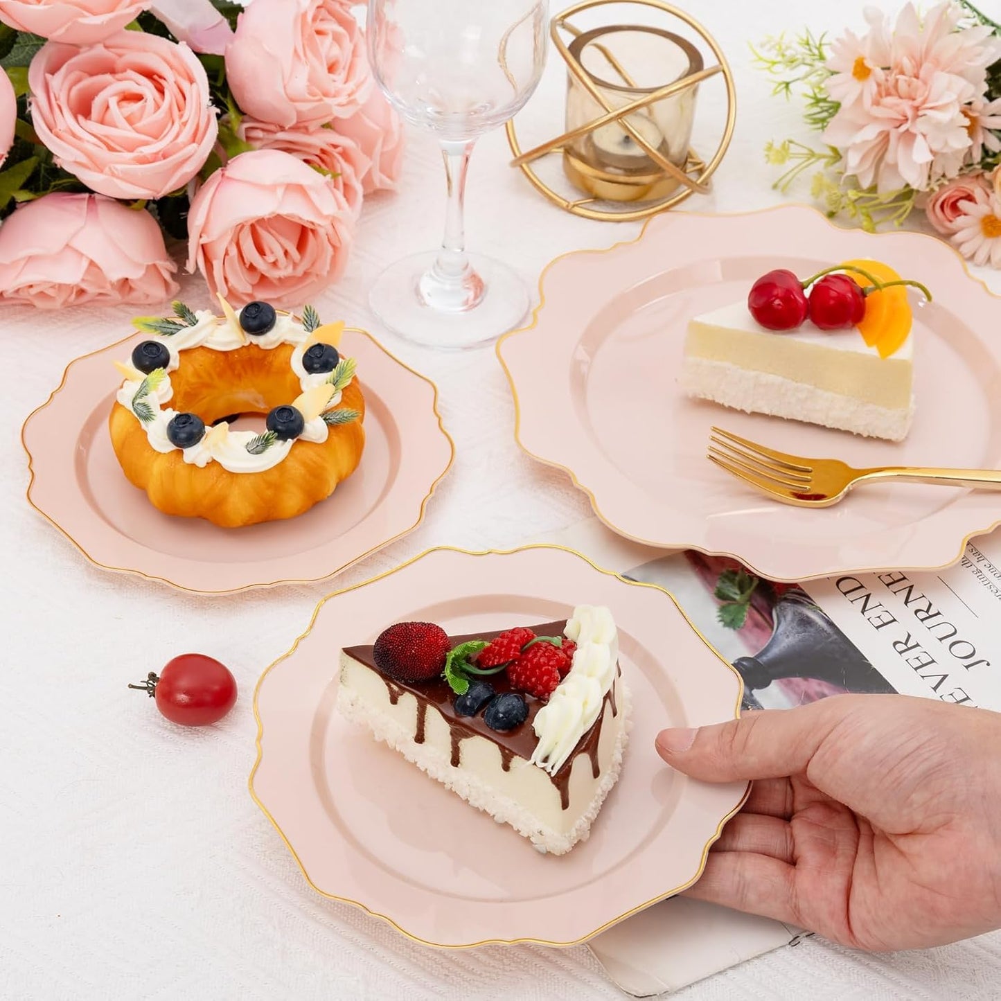 WDF 200PCS Pink Plastic Plates - Pink and Gold Plastic Plates - Include 100 Dinner Plate and 100 Cake Plate for Spring/Wedding/Bridal Shower/Tea party
