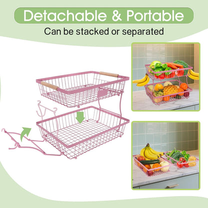 Fruit Basket Bowl 2 Tier Detachable with 2 Banana Hangers, Fruit Stand Holder for Kitchen Countertop, Metal Wire Vegetable Storage Organizer, for Bread Snack Veggies Produce, pink