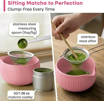 Matcha Whisk Set, 15-Pcs Ceramic Matcha Kit, Includes Matcha Bowl, Bamboo Whisk & Holder, Glass Measuring Cup, Matcha Caddy, Sifter, Scoop, Tea Towel, Tea Mat - Matcha Making Sets (pink)