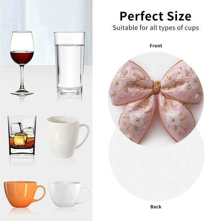 Light Pastel Pink Bow Balloon Embroidered Floral Drinks Coasters Set of 4 Leather Drink Coasters for Tabletop Protection Heat Resistant Bar Cup Mat Pad
