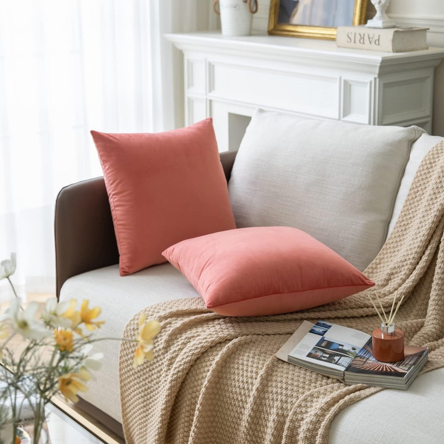 Set of 2 Salmon Pink Colored Solid Velvet Throw Pillow Covers, Cozy Soft Accent Pillow Cases for Sofa Couch Bed and Living Room - 18"x18"