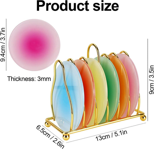 Acrylic Coaster, 6 Pcs Drink Coasters Colorful Round Coaster Set with Metal Holder Stand, Heat Resistant Anti Slip Table Coasters for Table Bar Desk Home Decor in Blue Red Yellow Green Orange Pink