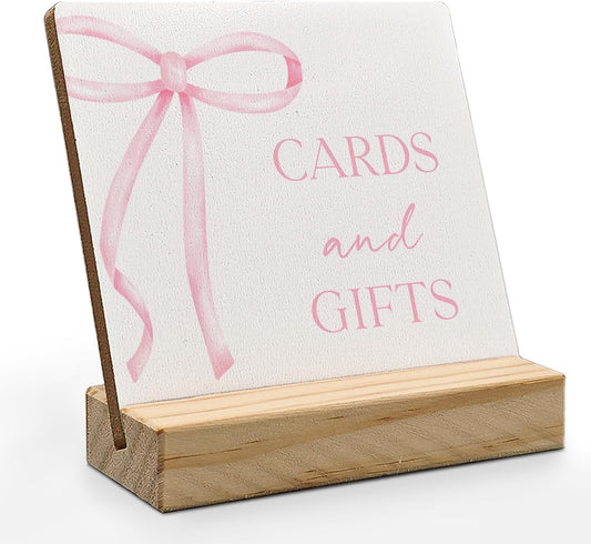 Coquette Pink Bow Cards and Gifts Sign, Gift Table Sign Wood Plaque, Bridal Shower Signs for Ceremony and Reception Wooden Plaque with Wood Stand for Wedding Reception Decorations, 4x4 Inch