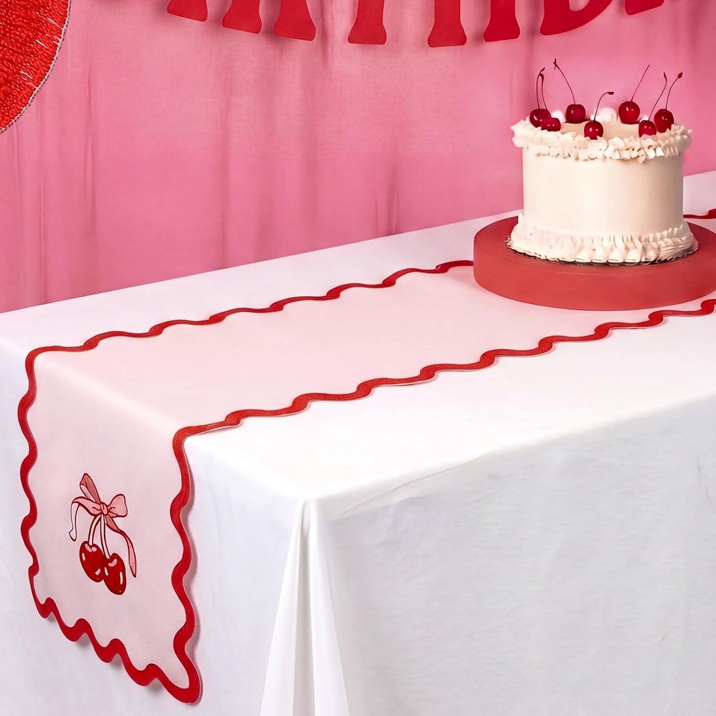 Breling Pink Bow Cherry Table Runner 70 Inches Coquette Scalloped Edge Table Runner Cute Embroidery Preppy Neutral Rustic Dining Decor for Birthday Baby Shower Party Kitchen Deck Decor