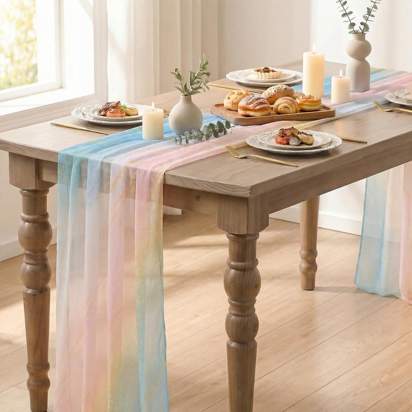 Artoid Mode Boho Gradient Pink Blue Stripes Spring Chiffon Table Runner 120 Inches 10FT,Seasonal Fabric Kitchen Dining Holiday Table Decor for Home Party