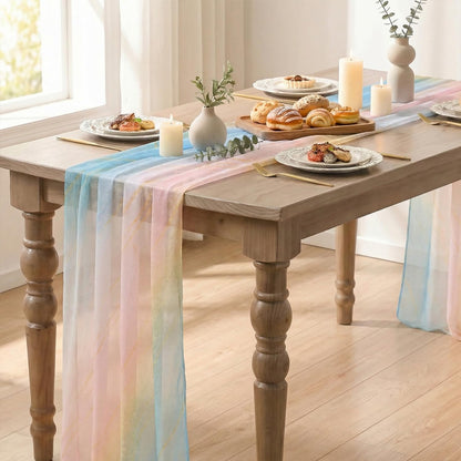 Artoid Mode Boho Gradient Pink Blue Stripes Spring Chiffon Table Runner 120 Inches 10FT,Seasonal Fabric Kitchen Dining Holiday Table Decor for Home Party