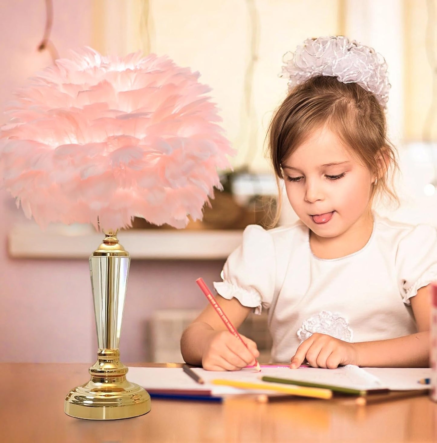 Pink Feather Lamp Cute Princess Table Lamp Romantic Furry Goose Feather Decoration Desk Light Creative Bedside Lamps for Kids Wedding Bedroom Girls' Room Decor