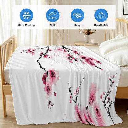 Pink Flowers Cooling Blanket, Lightweight Breathable Summer Throw Blanket with Double Sided Cold Effect, Watercolor Blossoms Florals Branches Picnic Beach Blankets Bed Sheet for Hot Sleepers 30"x40"