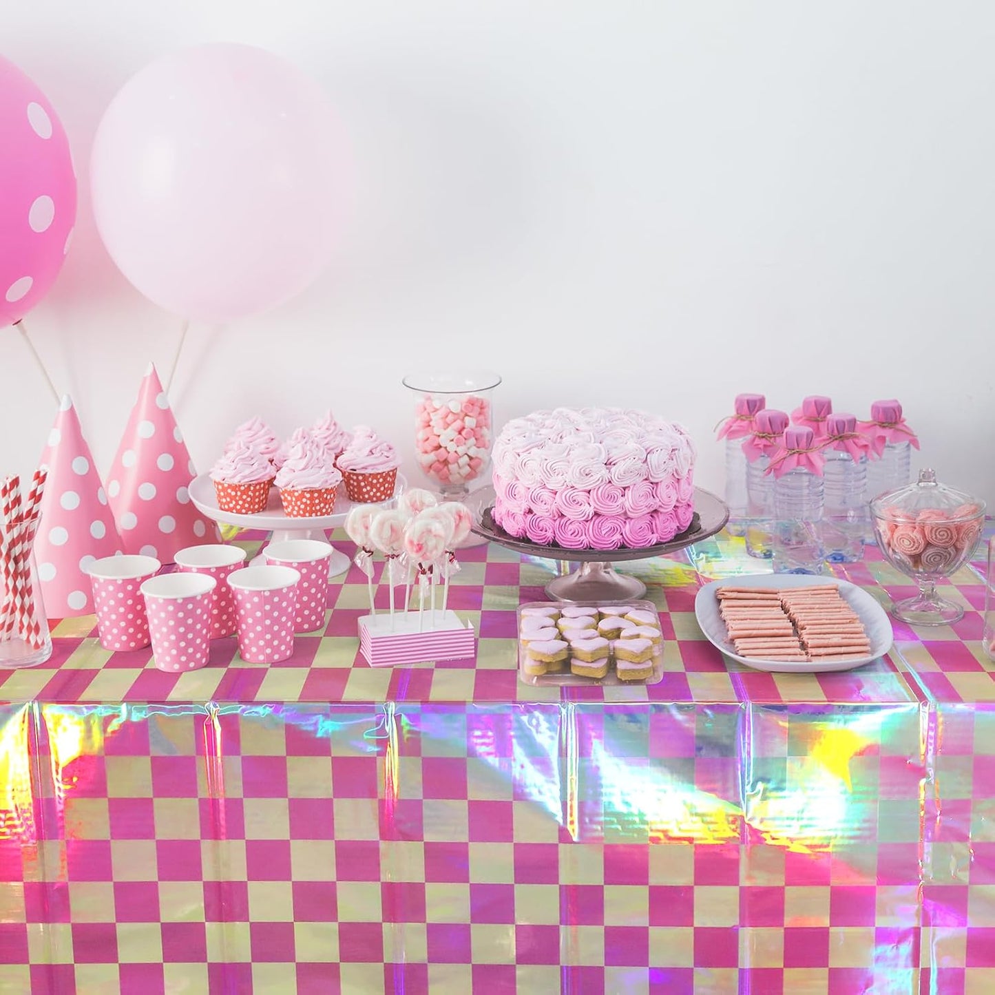3 Pack Pink and Iridescent Checkered Plastic Tablecloth, Shiny Disposable Laser Rectangle Table Covers, Holographic Foil Tablecloth Iridescent Party Decorations for Picnic Camping Outdoor, 54x108Inch