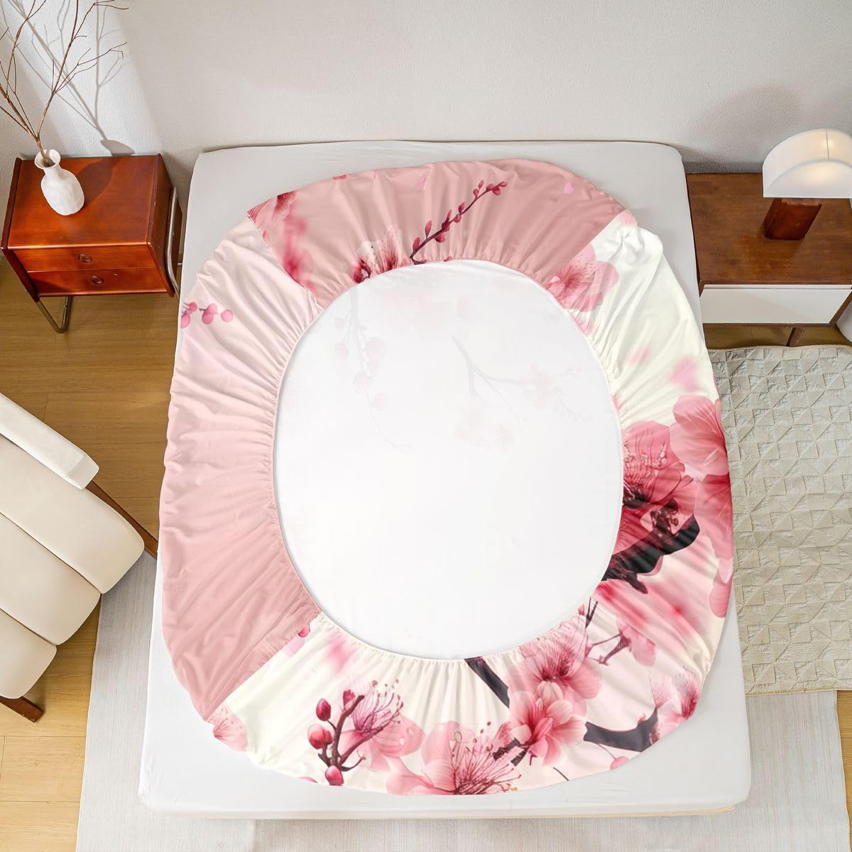 Cherry Bloosom Fitted Sheet Queen Size 3 Pcs,Pink Peach Blossom Bedding Set for Girls Women Adults,Wild Watercolor Flowers Romantic Bed Cover with 2 Pillowcases(No Top Sheet)