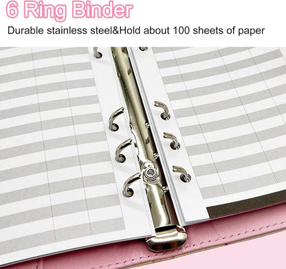 A5 Refillable 6 Ring Faux Leather Budget Binder,Mini Notebook Binder Cover for A5 Filler Paper,Loose Leaf Personal Planner Cover with Magnetic Buckle Closure(Marble Pink)