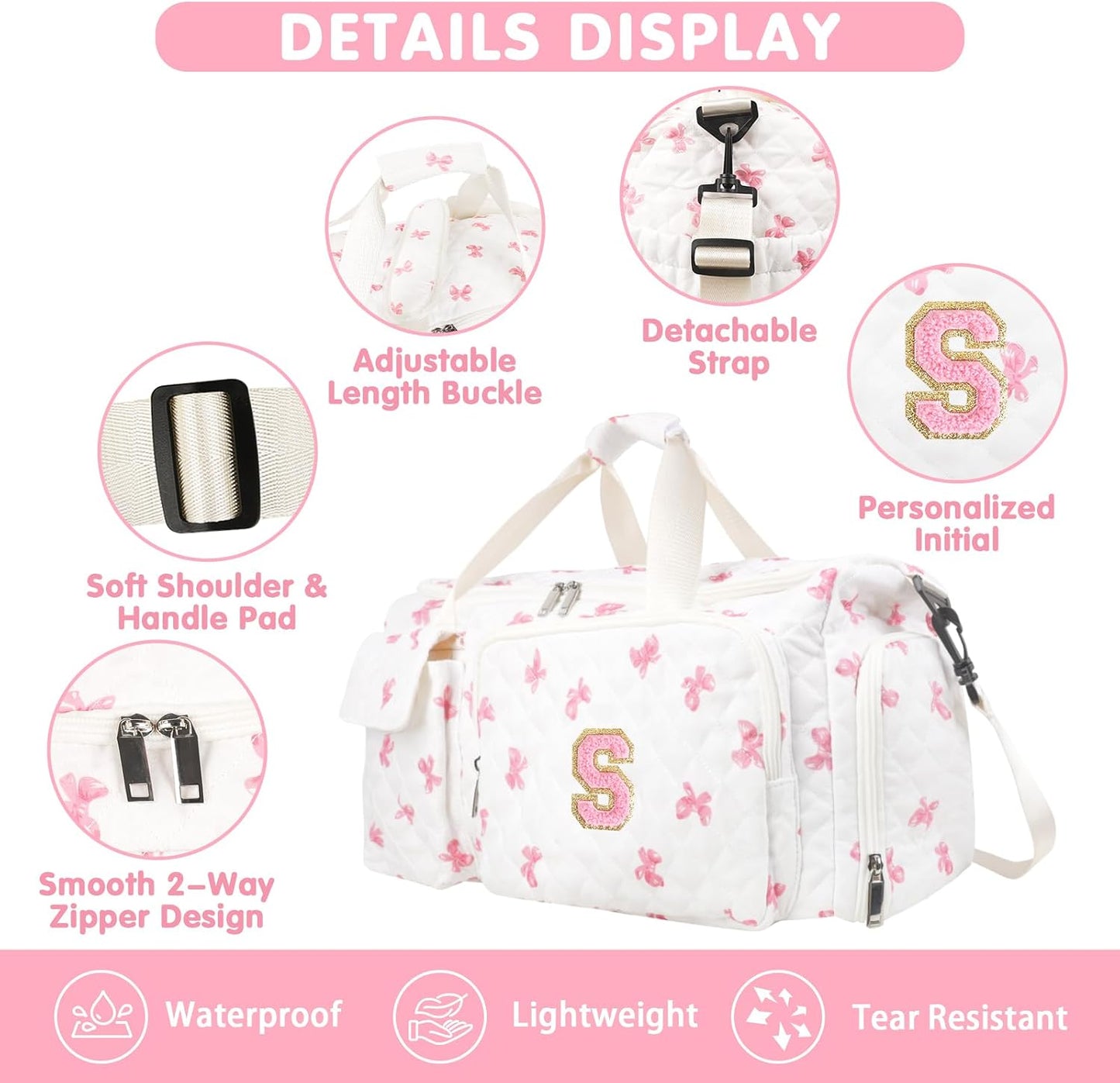 Gifts for Girls Initial Travel Duffle Bag, Personalized Initial Duffel Bag with Shoe Compartment Dance Cheer Weekender Bags, Gymnastics Gym Overnight Bag Birthday Gift for Teens Girl (Letter-S)