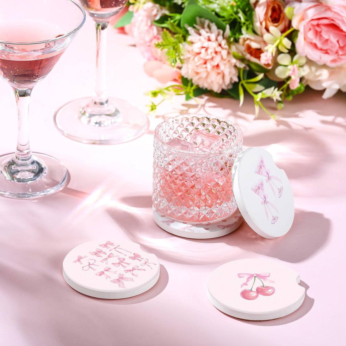 Boao 4 Pcs Car Cupholder Coasters for Valentine's Day, Ceramic Coasters 2.56'' Anti Slip Base with Finger Notch for Dry Clean, Car Interior Accessories, Birthday Gifts(Pink Bow)