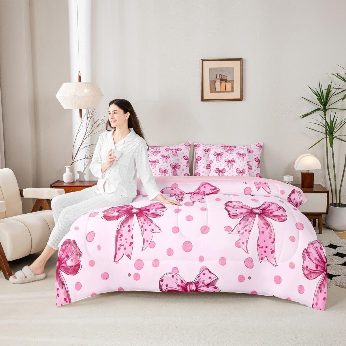 Erosebridal Pink Princess Bow Twin Comforter Set with Sheets 7 Piece Cute Coquette Bowknot Bed in A Bag Kawaii Ribbon Bow Bedding Sets for Kids Adults,Pink Watercolor Polka Dot Bed Set