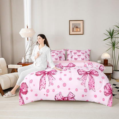 Erosebridal Pink Princess Bow Twin Comforter Set with Sheets 7 Piece Cute Coquette Bowknot Bed in A Bag Kawaii Ribbon Bow Bedding Sets for Kids Adults,Pink Watercolor Polka Dot Bed Set