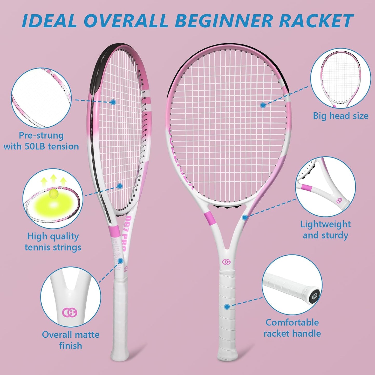 OGEENIER 27 Inch Tennis Racket, Strung, Carbon Fiber Recreational Racquet | Full Carbon, Grip 4 1/4", Head-light-balance, 100 SQ. IN., Lightweight at 10.5oz, Arm-friendly, High-elasticity String