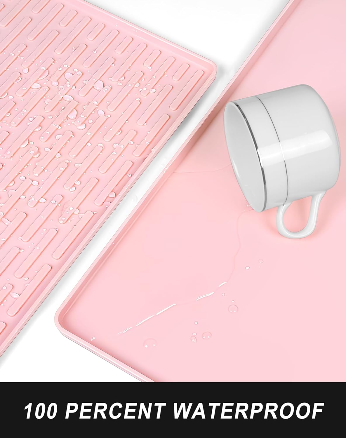 Rnivvi Silicone Coffee Mat, 12" x 19" Waterproof & Easy Clean Raised Edge Coffee Bar Mats for Espresso Machine Station Accessories, Heat Resistant Non-Slip Dish Drying Pad for Kitchen Counter, Pink
