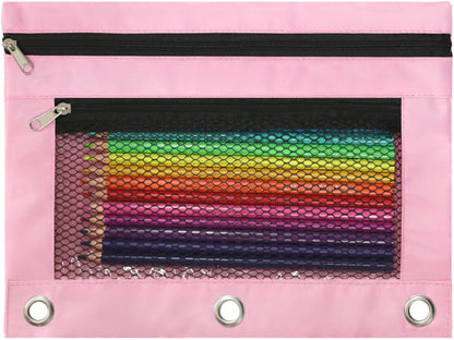 Pencil Pouch for 3 Ring Binder, Heavy Duty Canvas Dual Zipper Pen Bag with Clear Window, Smooth Metal Zipper, Fit Standard 3-Ring Binders for School Office Travel Supplies (Pink)