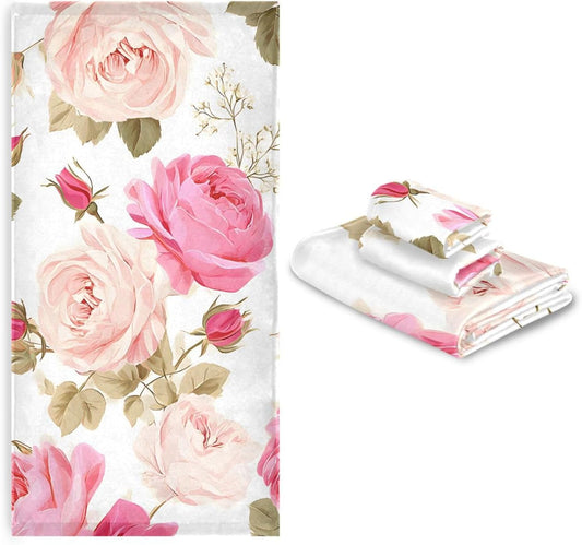 susiyo 3 Piece Bath Towel Set, Soft Highly Absorbent Bathroom Towels Beautiful Floral Pink Roses Bath Towels Fashion Print Decorative Towels (Set of 3, 1 Bath Towel, 1 Hand Towel & 1 Washcloth)