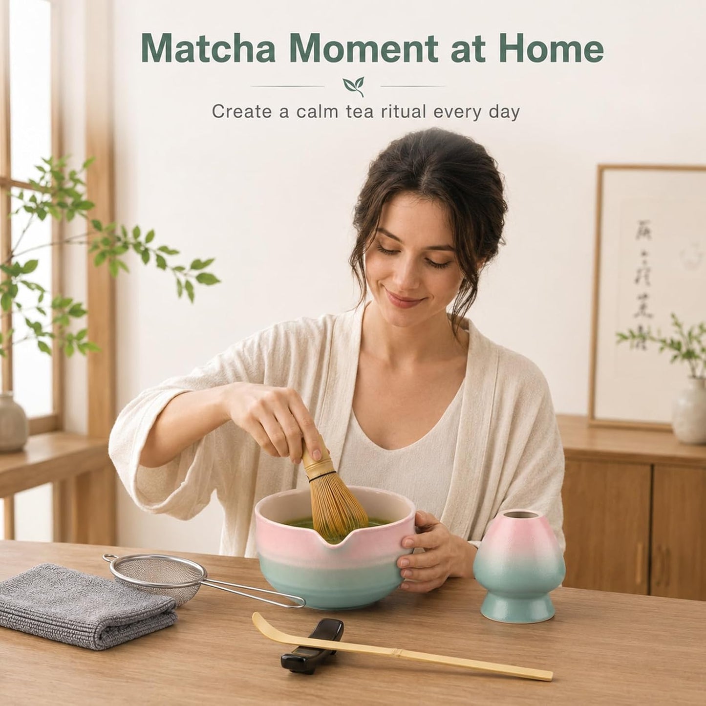 7pcs Matcha Set, Matcha Whisk Set - Matcha Whisk Bamboo, Whisk Holder, Matcha Bowl, Scoop, Sifter, Absorbent Cloth - Japanese Tea Ceremony Set for Home Use or as a Gift, Gradient Pink-Blue