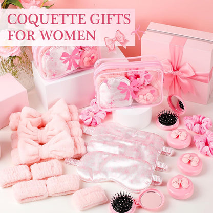 Honeydak 48 Pcs/ 8 Set Pink Bow Coquette Party Favors for Sleepover Spa Party Supplies Trip Weekend Girls Gifts, Folding Hairbrush with Mirror Eye Mask Headband Wristband Scrunchie Makeup Bag