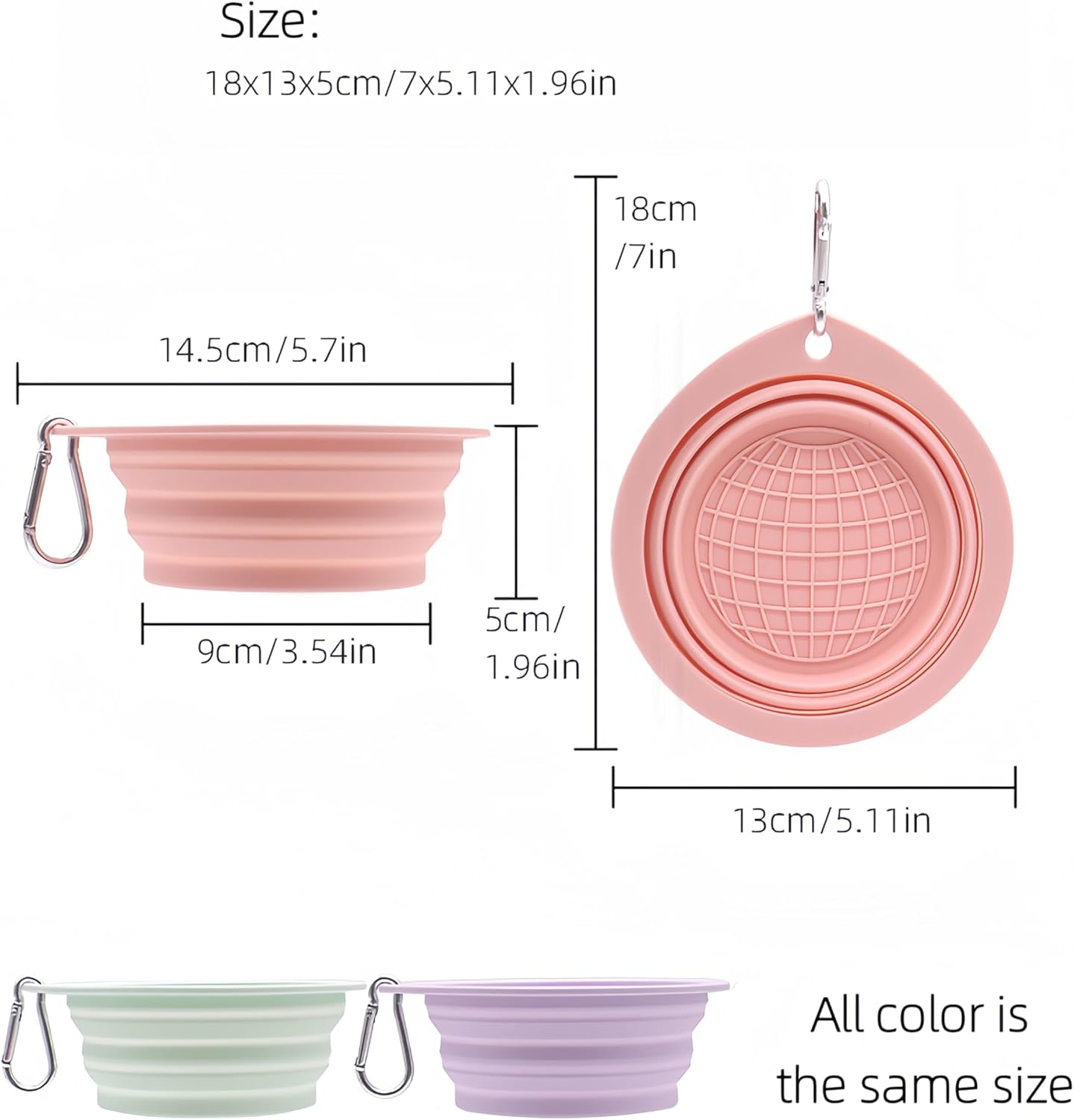 Portable Collapsible Pet Bowl - Food Grade TPR/Silicone, Foldable Dog Cat Travel Bowl with Carabiner for Hiking Camping, Easy Clean & Lightweight (Pink)