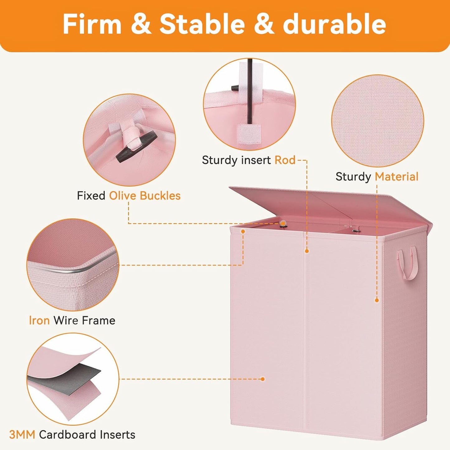 Chrislley 140L Laundry Hamper 2 Section, Double Laundry Basket with Lid, Large Dirty Clothes Hamper with Removable Liner Bags, Collapsible Laundry Organizer for Bedroom, Dorm,Pink