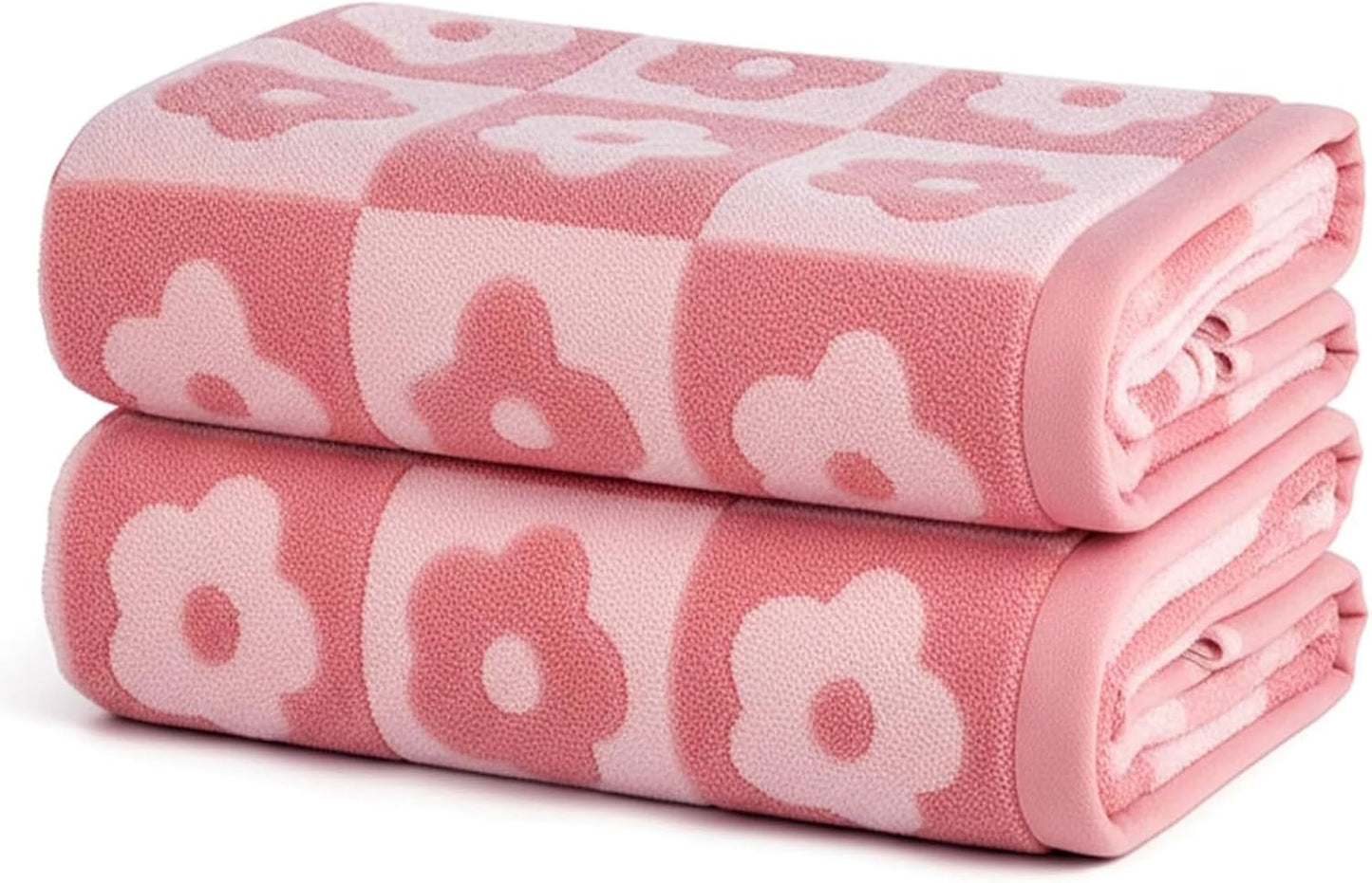2pcs Bath Towels Checkered Floral 27.5x55 Inches Cotton Bath Towels Set of 2 Pink Baths Towel Large for Women Girls Lightweight Absorbent Towel for Hand Drying and Face Washing Cute Bathr