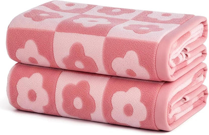2pcs Bath Towels Checkered Floral 27.5x55 Inches Cotton Bath Towels Set of 2 Pink Baths Towel Large for Women Girls Lightweight Absorbent Towel for Hand Drying and Face Washing Cute Bathr