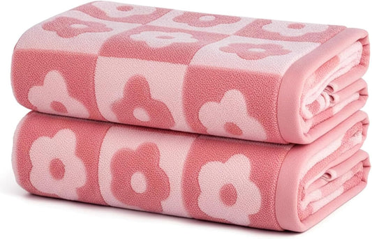 2pcs Bath Towels Checkered Floral 27.5x55 Inches Cotton Bath Towels Set of 2 Pink Baths Towel Large for Women Girls Lightweight Absorbent Towel for Hand Drying and Face Washing Cute Bathr