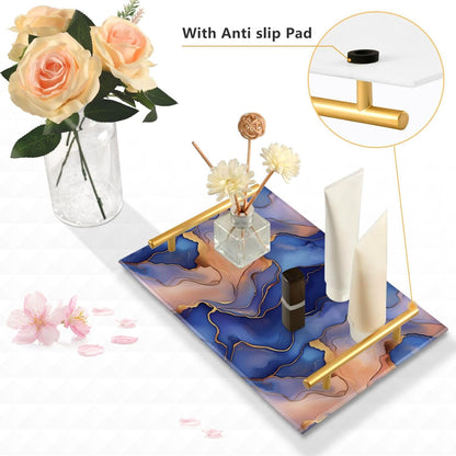 Marble Royal Blue Peach Gold Decorative Acrylic Dinner Trays with Handles Decorative Serving Trays for Jewelry Perfume for Farmhouse Serving bandeja para desayuno personalizado