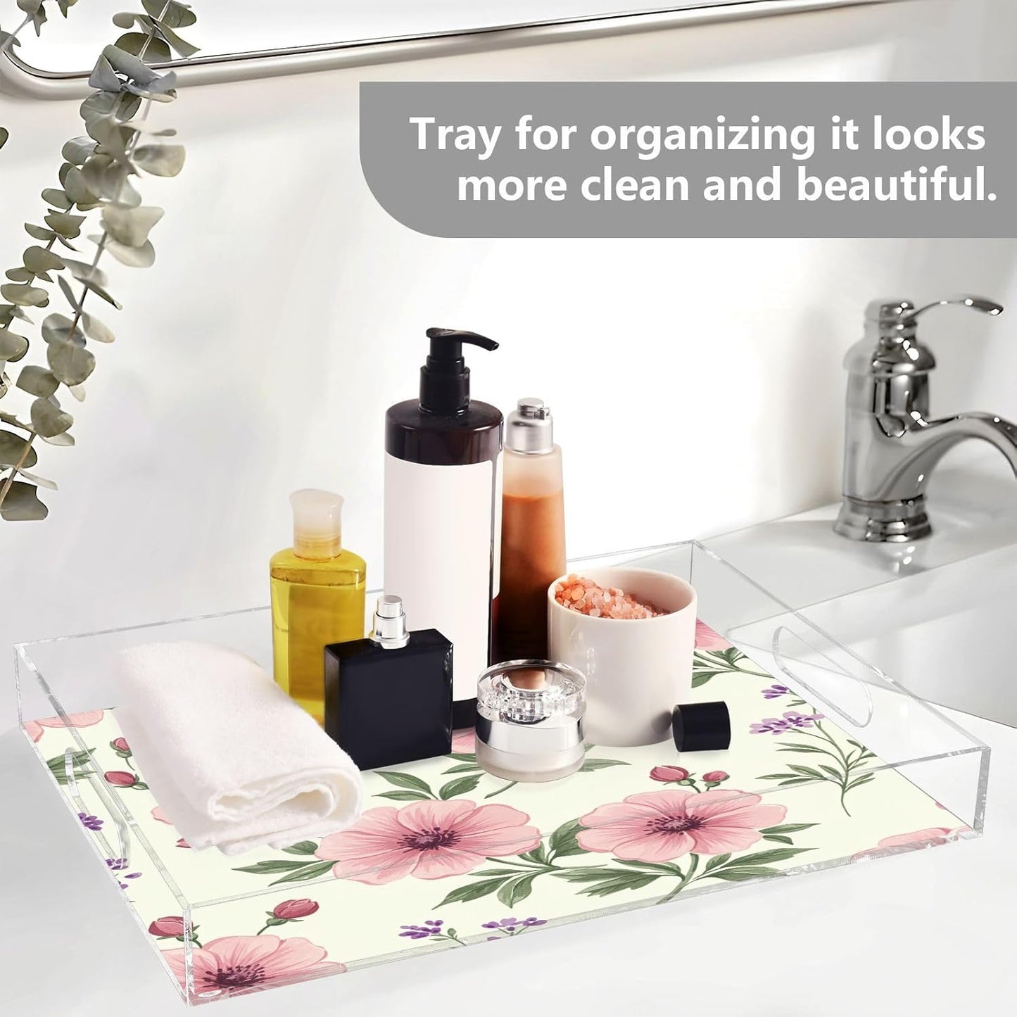 Pink Flowers Acrylic Serving Tray with Handles,Clear Serving Tray Decorative Organiser for Ottoman, Kitchen, Bedroom Decorative 12x16 Inches