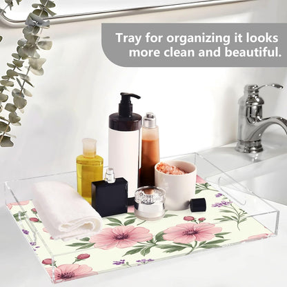 Pink Flowers Acrylic Serving Tray with Handles,Clear Serving Tray Decorative Organiser for Ottoman, Kitchen, Bedroom Decorative 12x16 Inches