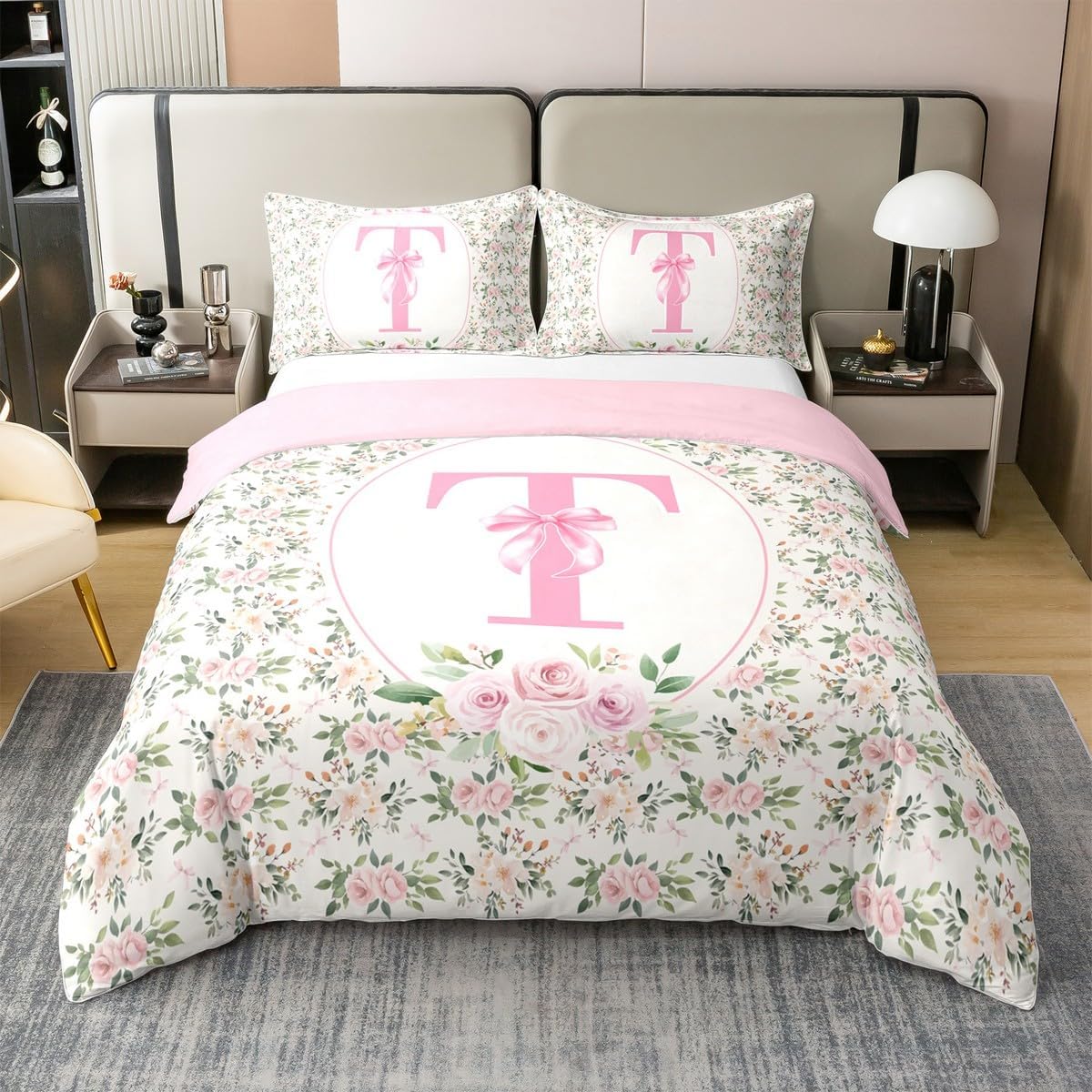 Erosebridal Peach Blossom 100% Cotton Duvet Cover Twin Size Letter T Bedding Set for Kids Girls WomenPreppy Kawaii Coquette Girly Comforter Cover Fashion Princess Dreamy Ribbon Bow Bedclothes