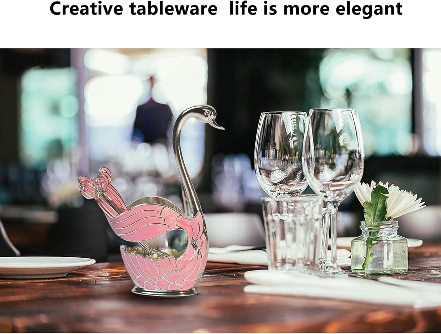 Flylin Metal Swan Base Holder: 6pcs Organizer Set with Ice Cream Spoons, Teaspoons, Dessert Spoon + Spoon Holder (Pink)