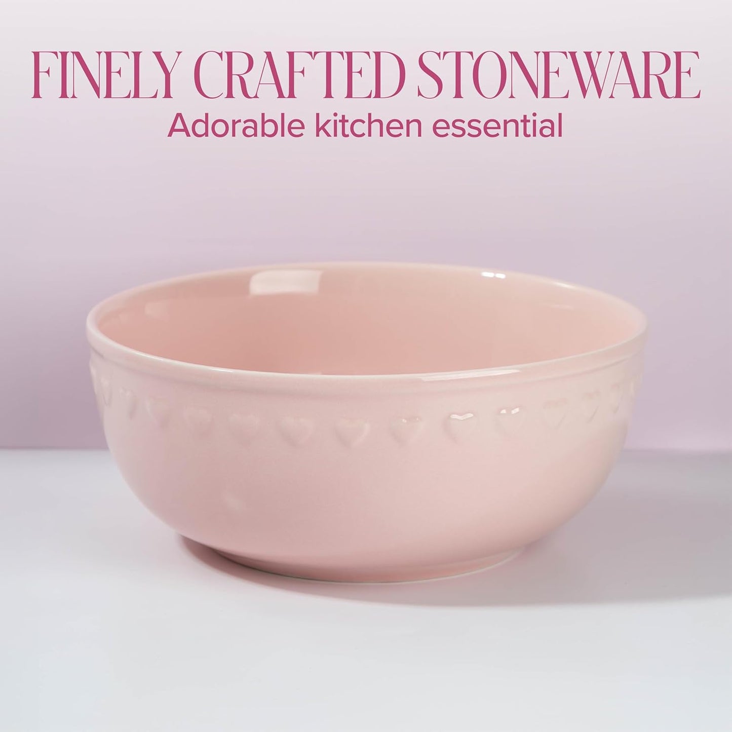Paris Hilton Ceramic Serving Bowl, Iconic Stoneware with Heart Detailing, Microwave & Dishwasher Safe, 10-Cup Capacity, 9.25 Inch Diameter, Pink