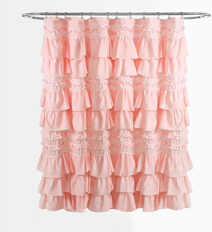 Lush Decor Kemmy Ruffled Shower Curtain, Single, 72" W x 72" L, Peachy Pink - Bathroom Curtain - Fabric Shower Curtains for Bathroom - Coquette Decor