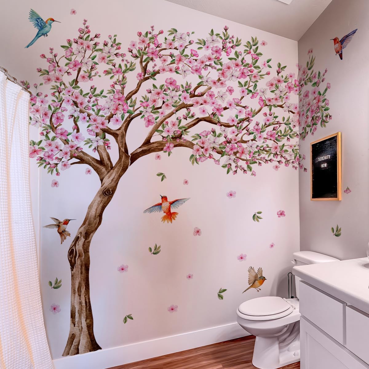Runtoo Large Tree Wall Decals Pink Cherry Blossom Floral Wall Stickers for Nursery Living Room Bedroom Decor