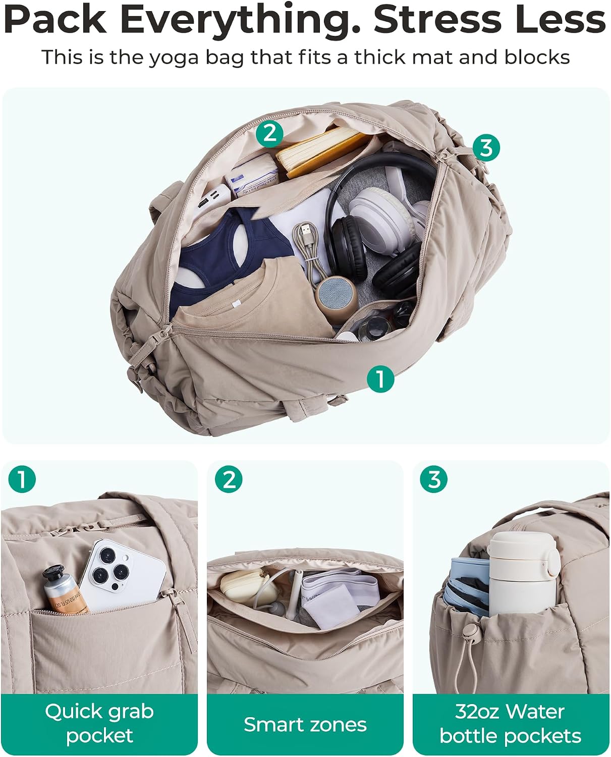 BAGSMART Reiki Gym Bag for Women Puffy Yoga Mat Travel Weekender Duffle Bag | Lint-Resistant Lining, Wet-Dry Pocket & Anti-Slip Mat Loop, Ultra-Light, Roomy for Workout Gear, Water Bottle, Travel, Sports