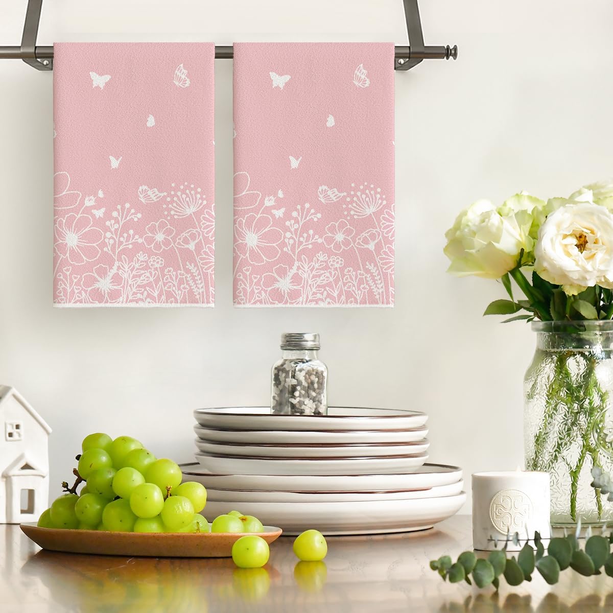 Artoid Mode Pink Butterfly Floral Spring Kitchen Towels Dish Towels, 18x26 Inch Farmhouse Summer Decoration Cleaning Set of 2