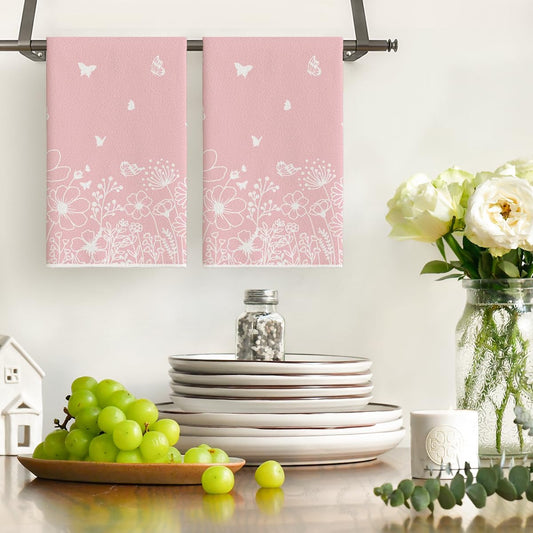 Artoid Mode Pink Butterfly Floral Spring Kitchen Towels Dish Towels, 18x26 Inch Farmhouse Summer Decoration Cleaning Set of 2