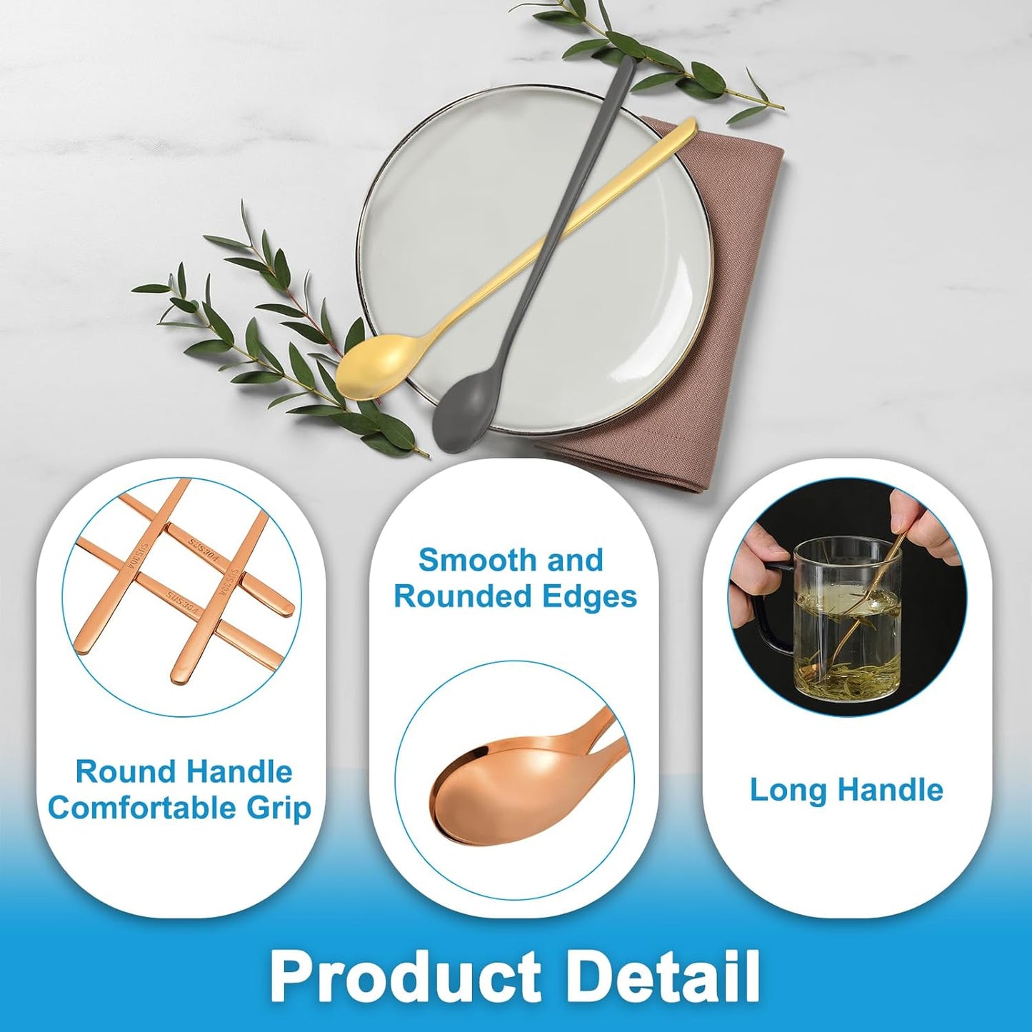 PATIKIL 4pcs Rose Gold 6inch Teaspoons, Stainless Steel Long Handle Iced Tea Spoon Coffee Stirrer
