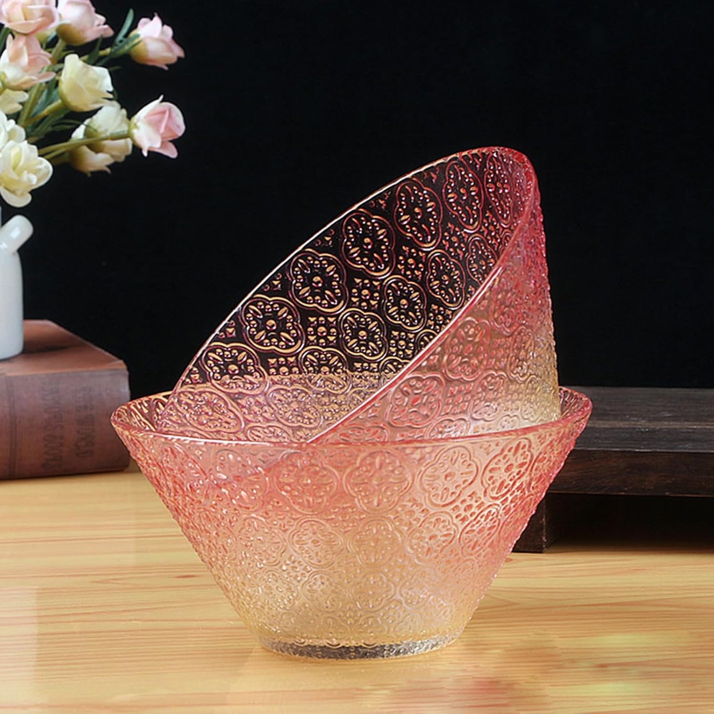2 Pcs Light Luxury Gradient Glass Mixing Bowls - Gift Box Set, 5.9" Clear Crystal Salad Bowls, Serving Bowl Suitable for Fruits, Dips, Snacks, Desserts, Nuts, Etc (Pink Gradient)
