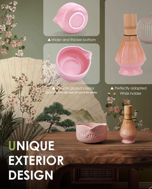 Matcha Whisk Set, Ceramic Matcha Set Includes Matcha Bowl with Spout, Matcha Whisk and Holder, Bamboo Scoop, Sifter and Tea Towel - 6 Pcs Matcha Kit Gift for Matcha Lovers (Pink)