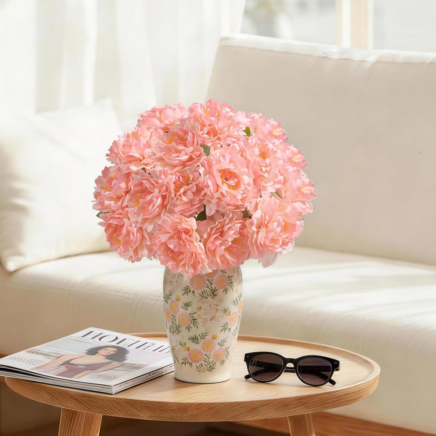 Peonies Artificial Flowers, 2 Bouquets of 7-Heads Silk Artificial Peonies with Flexible Stems, Faux Peonies for Home & Wedding Decor, Table Centerpieces, Floral Arrangement (2, coral pink)